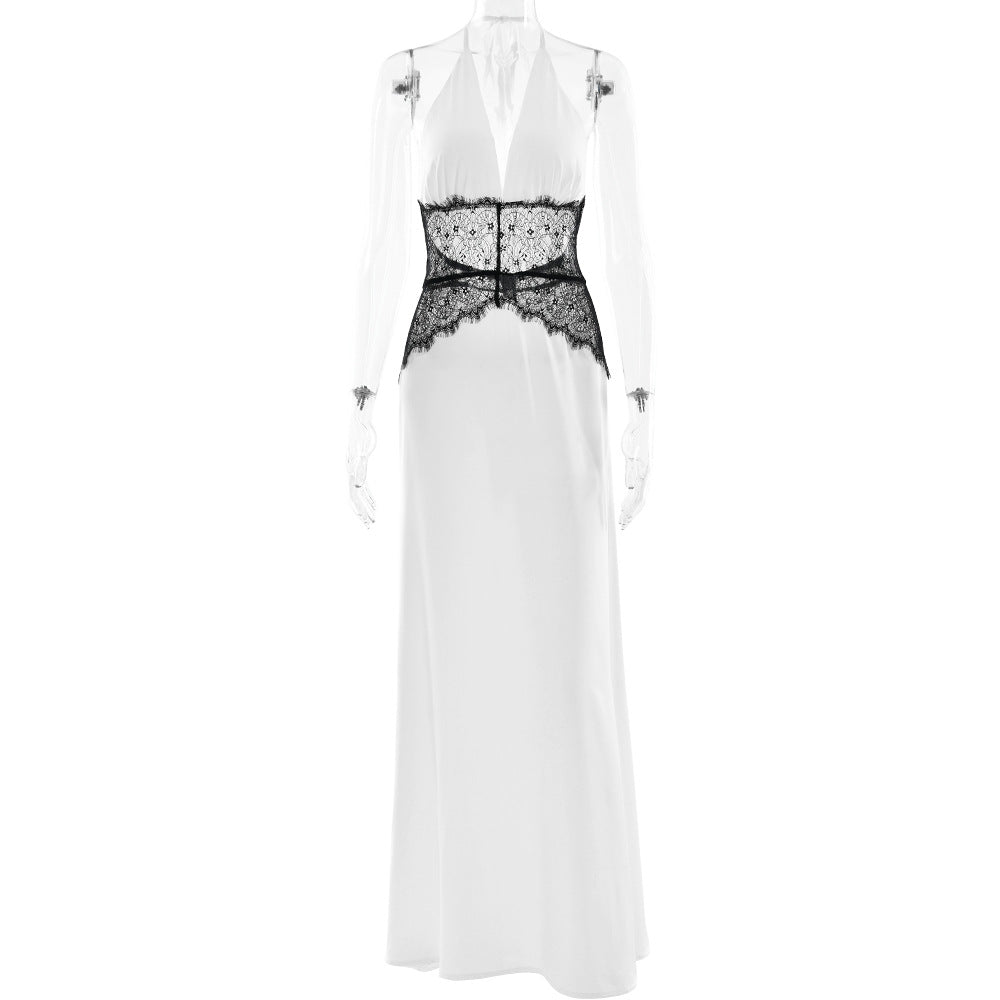 Summer Elegant Deep V Plunge Silky Satin Dress Stitching Halter Waist Tight Sexy Dress by Ragazza