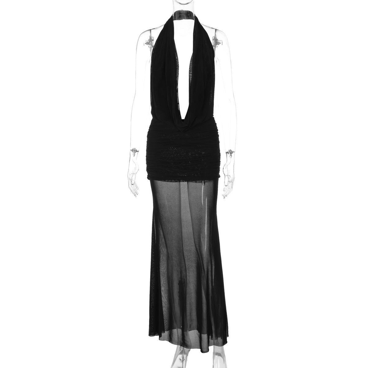Hollowed out Backless Halter Deep V Plunge Hip Matching Mesh Dress Two Piece Set by Ragazza