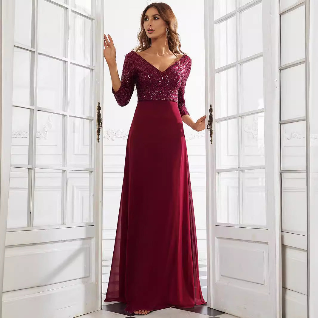 Middle East Women Chiffon Double V neck Dress A line Large Hem Sequin Stitching Evening Dress by Ragazza