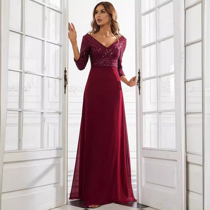 Middle East Women Chiffon Double V neck Dress A line Large Hem Sequin Stitching Evening Dress by Ragazza