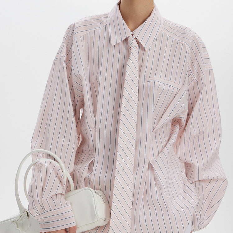 Office Printed Striped Shirt Women Polo Collar Long Sleeve Tie Cinched Blouse by Ragazza