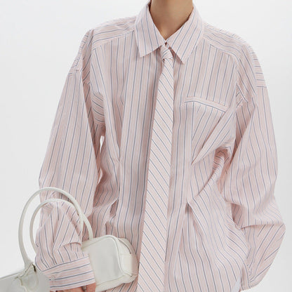 Office Printed Striped Shirt Women Polo Collar Long Sleeve Tie Cinched Blouse by Ragazza