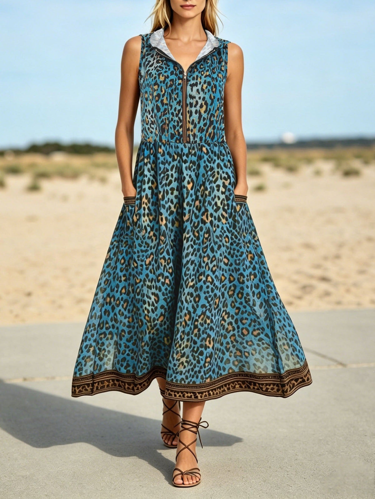 Casual Leopard Print Printed Dress Hooded Zipper Pocket Beach Dress  DestGlow