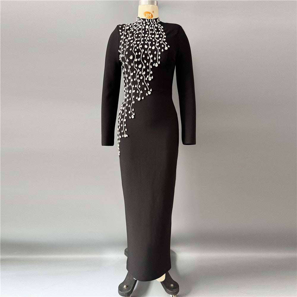 Heavy Industry Manual Rhinestone Long Sleeve Bandage One Piece Dress Socialite Elegant Dress the Dinner Party Maxi Dress by Ragazza