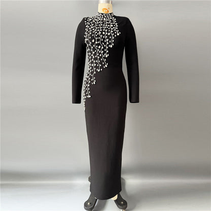 Heavy Industry Manual Rhinestone Long Sleeve Bandage One Piece Dress Socialite Elegant Dress the Dinner Party Maxi Dress by Ragazza