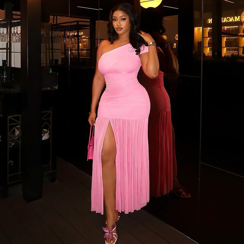Fresh Solid Color Women Clothing Pleated Waist Tight Asymmetric One Shoulder Oblique Leader Split Length Dress by Ragazza