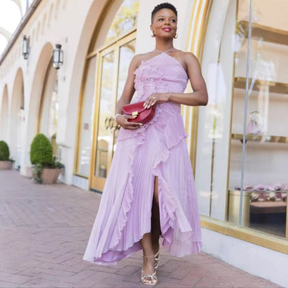 Spring Summer Pleated Ruffled Halter Backless a Swing Chiffon Elegant Dress by Ragazza