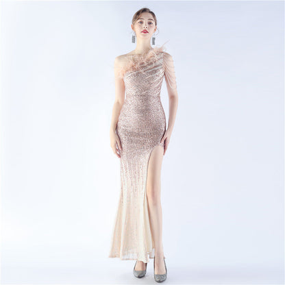 Gradient Sequin Craft Beaded Ostrich Feather Diagonal Collar One Shoulder Long Evening Dress by Ragazza