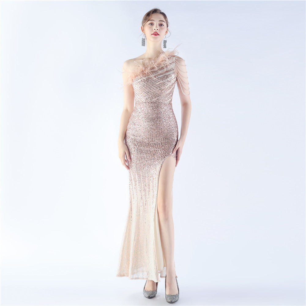 Gradient Sequin Craft Beaded Ostrich Feather Diagonal Collar One Shoulder Long Evening Dress by Ragazza