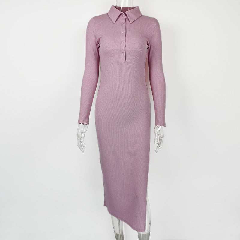 Autumn Winter Women Clothing Sexy Slit Slim Rib Button Long Sleeve Dress by Ragazza