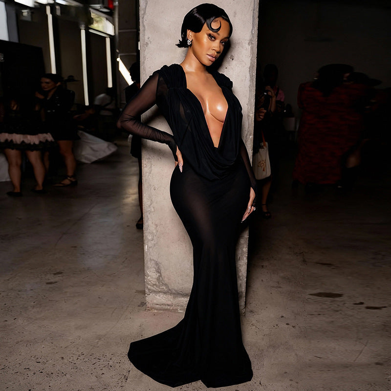 Autumn Winter Women Sexy Mesh See through Deep V Plunge neck Solid Color Slim Fit Long Sleeves Dress Women by Ragazza