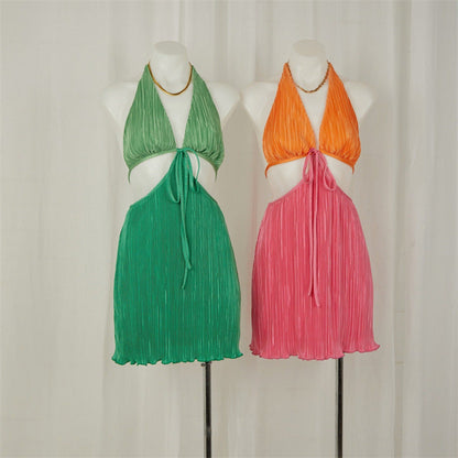 Summer Sexy V Neck Backless Pleated Dress Women Halter Lace Up Cutout Short Dress by Ragazza
