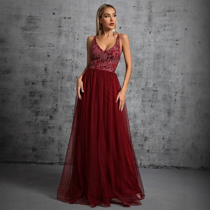 Women Elegant Suspender Evening Dress V neck A line Long Party Evening Dress Annual Meeting Catwalk Dress by Ragazza