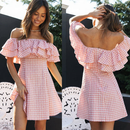 Women Clothing New Plaid off-Shoulder Ruffled Collar Show Fashion Dress by Ragazza