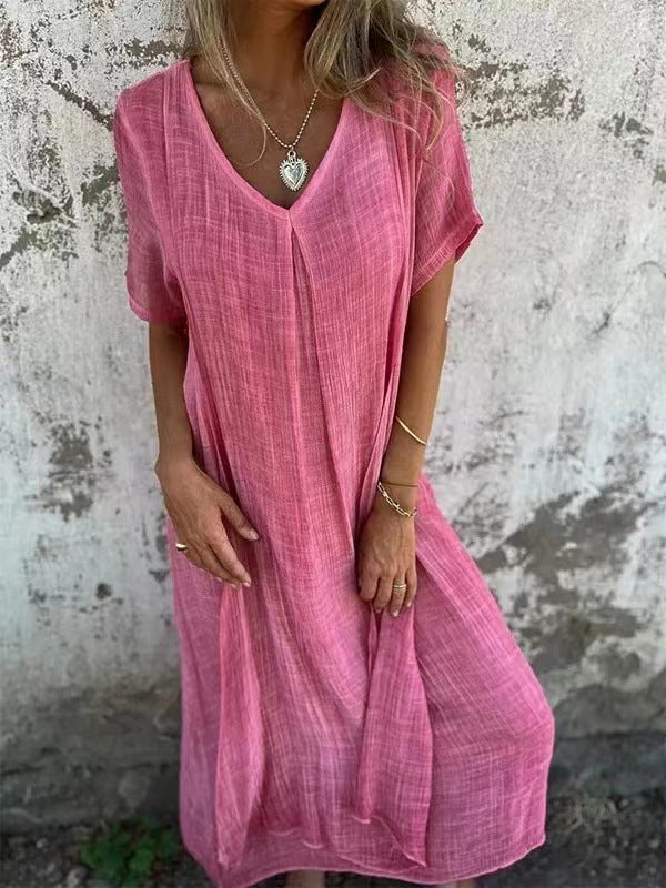 Cotton Linen V neck Semi Formal Dress by Ragazza