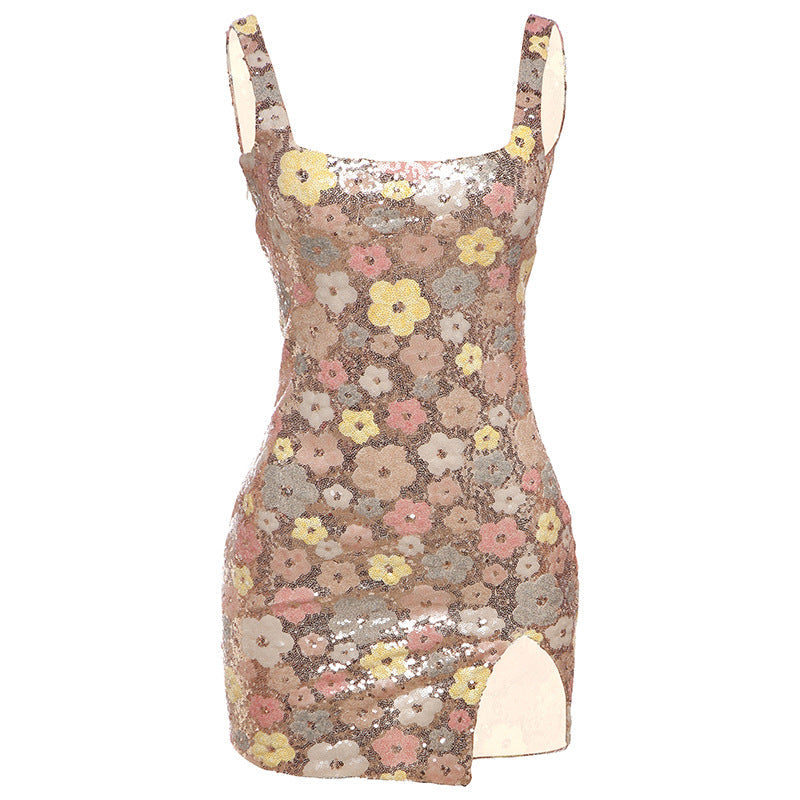 Spring Summer Women Clothing Fashionable Elegant Sexy Slim Fit Square Collar Sequined Hip Split Dress by Ragazza