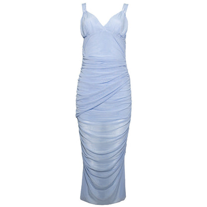 Strap V neck Sleeveless Backless Slim Fit Sheer Mesh Split Maxi Dress by Ragazza