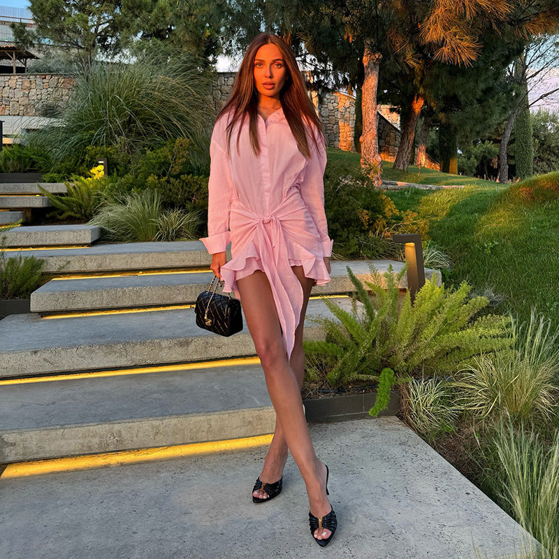 Full Support Ruffled Lace up Casual Elegant Solid Color Long Sleeve Shirt Dress by Ragazza