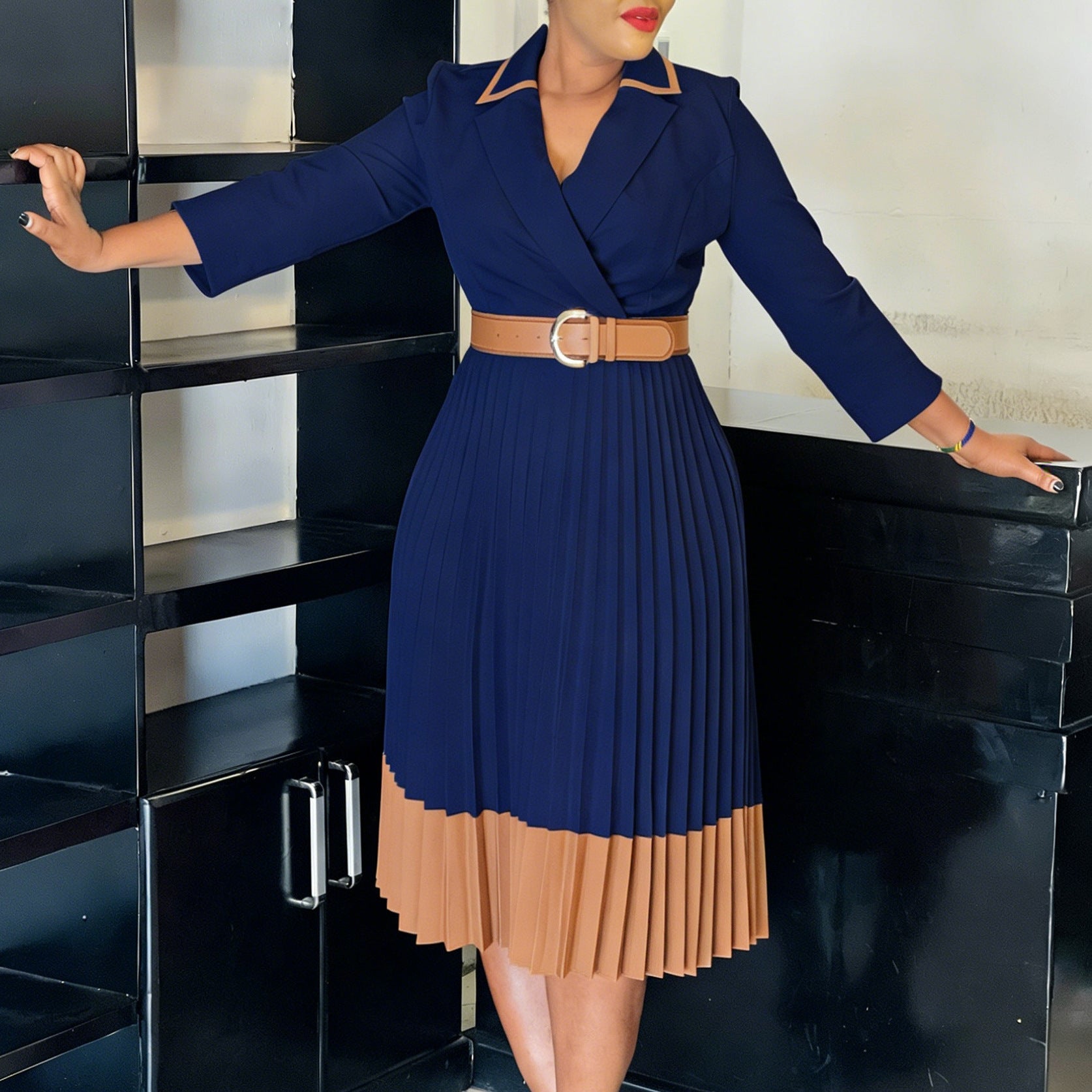 Women Clothing Winter Elegant Elegant Blazers Collar Color Matching Pleated Dress by Ragazza