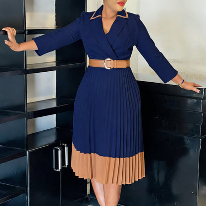Women Clothing Winter Elegant Elegant Blazers Collar Color Matching Pleated Dress by Ragazza