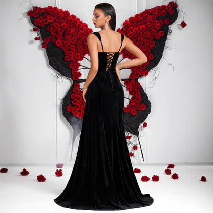 Black Velvet Spaghetti Straps Evening Dress Heavy Industry Colorful Crystals Beaded Waist Tight Slit Slim Fitting Cocktail Dress by Ragazza