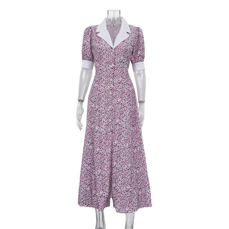Elegant Floral Dress Summer Polo Collar Short Sleeve High Waist Print A line Dress for Women by Ragazza