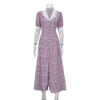 Elegant Floral Dress Summer Polo Collar Short Sleeve High Waist Print A line Dress for Women by Ragazza