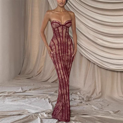 Slim Fitting Lace Corset Hip Dress Party Lace up Maxi Dress Women  DestGlow