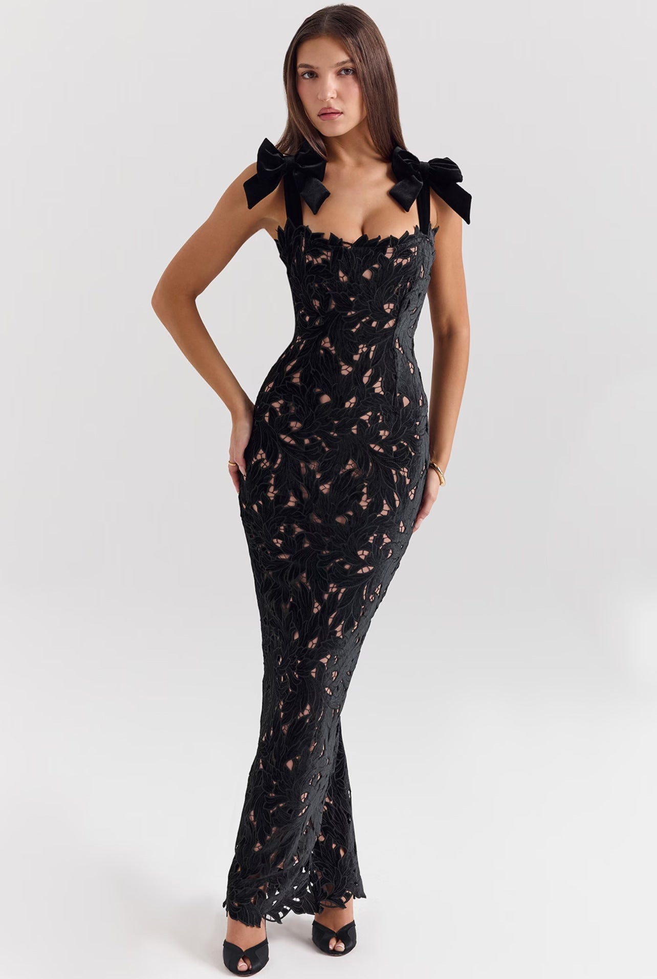 Spring Summer Entry Lux Bow High Sense Embroidered Hollow Out Cutout Sheath Dress by Ragazza