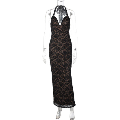 Women Clothing Winter Sexy Deep V Plunge Lace Halter Lace up Dress by Ragazza