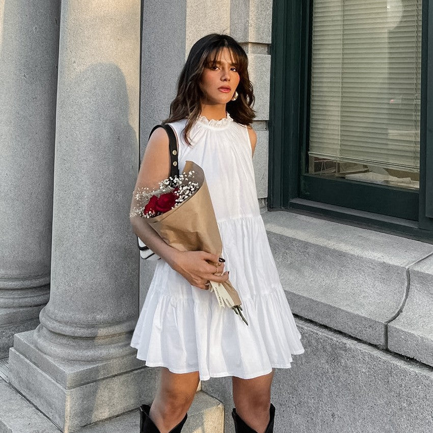 Spring Summer All Match White Elegant Dress round Neck Sexy Bow Lace up Elegant Loose Short Women Clothing by Ragazza
