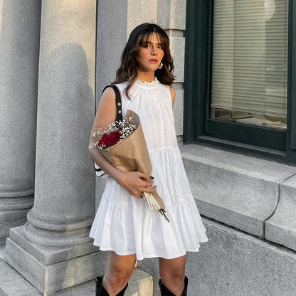 Spring Summer All Match White Elegant Dress round Neck Sexy Bow Lace up Elegant Loose Short Women Clothing by Ragazza