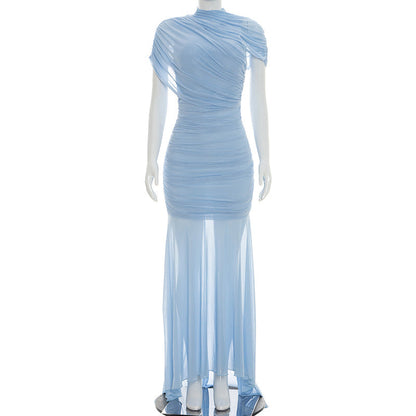 Women Clothing Summer Solid Color Mesh Stitching Short Sleeve Pleated Trailing Slim Fit Maxi Dress by Ragazza