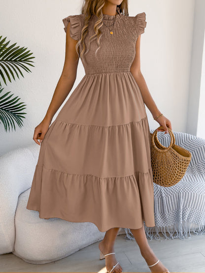 Women Clothing Spring Summer Solid Color Stringy Selvedge Flying Sleeves Smocking Waist-Slimming Maxi Dress by Ragazza