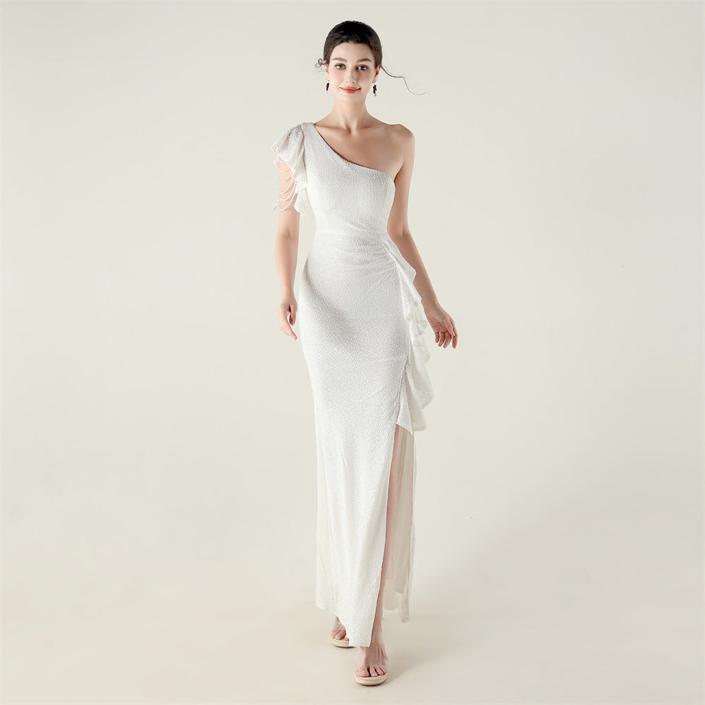 One Shoulder Ruffles Embellished Beaded Chain Handmade Sequined Evening Dress Cocktail Party Wedding by Ragazza