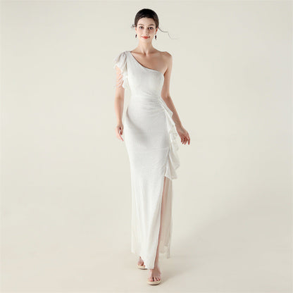 One Shoulder Ruffles Embellished Beaded Chain Handmade Sequined Evening Dress Cocktail Party Wedding by Ragazza