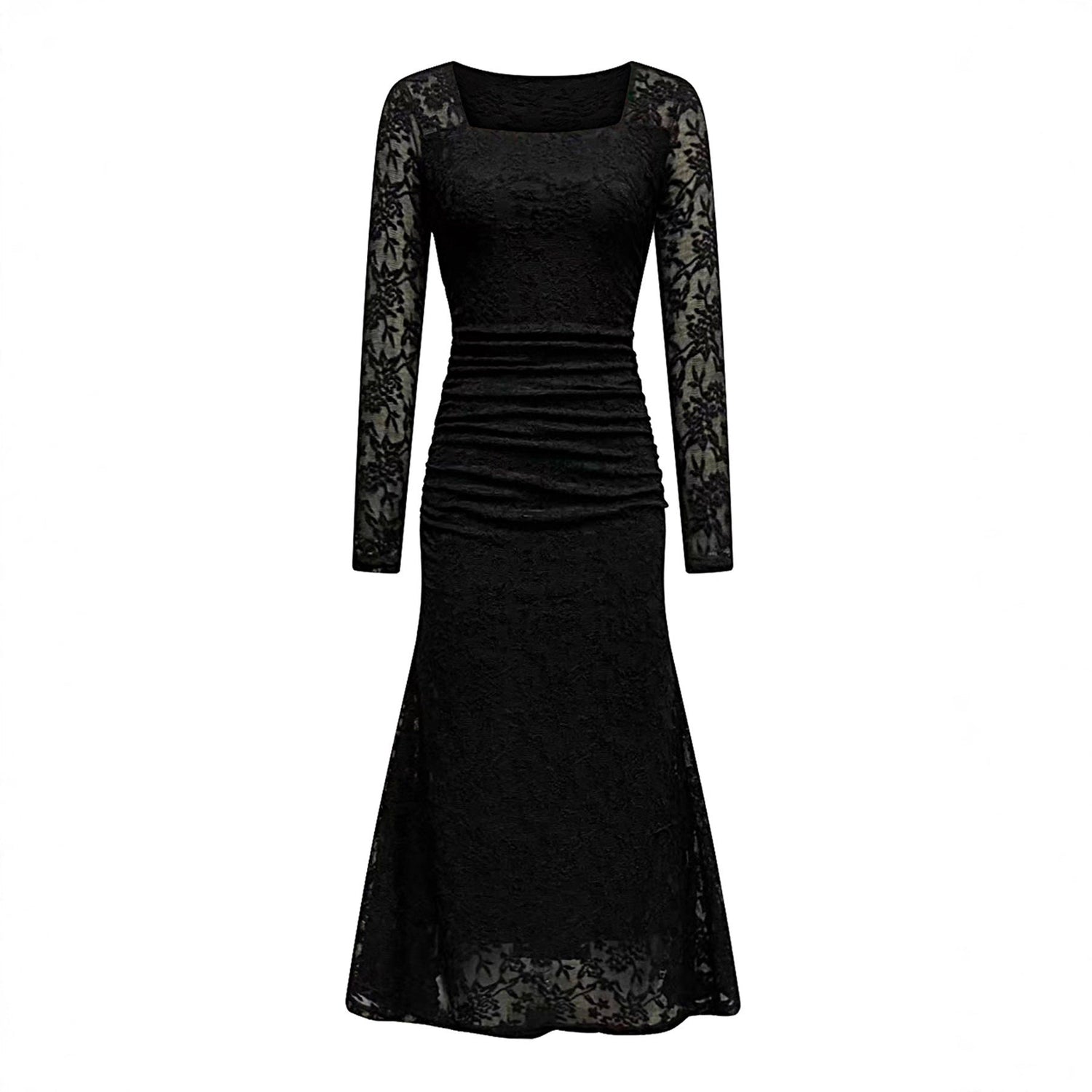 Autumn Winter Women Clothing Fashionable Elegant Lace Stitching Square Collar Slimming Pleated Maxi Dress by Ragazza