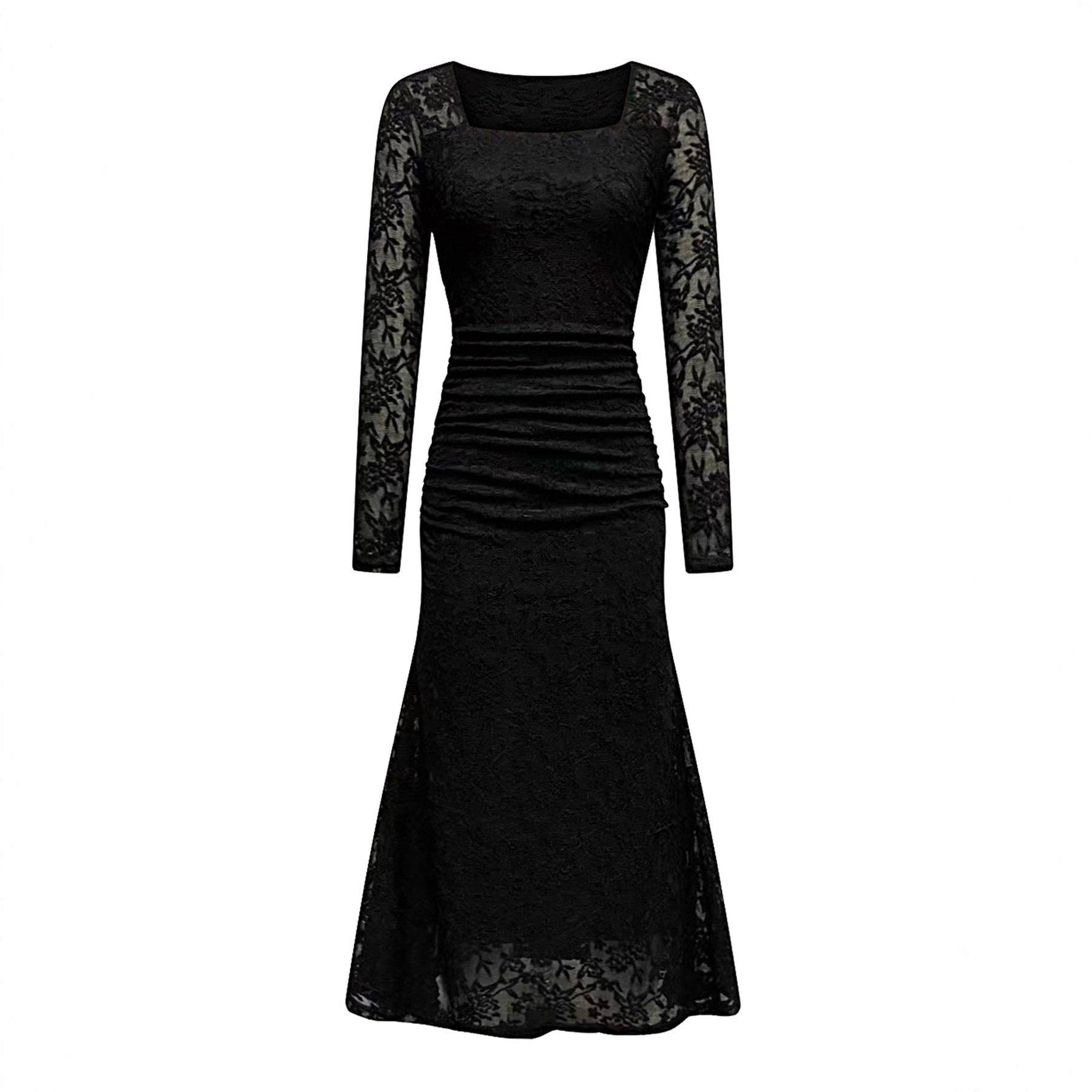 Autumn Winter Women Clothing Fashionable Elegant Lace Stitching Square Collar Slimming Pleated Maxi Dress by Ragazza