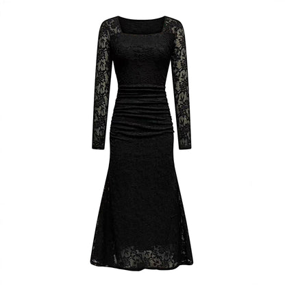 Autumn Winter Women Clothing Fashionable Elegant Lace Stitching Square Collar Slimming Pleated Maxi Dress by Ragazza