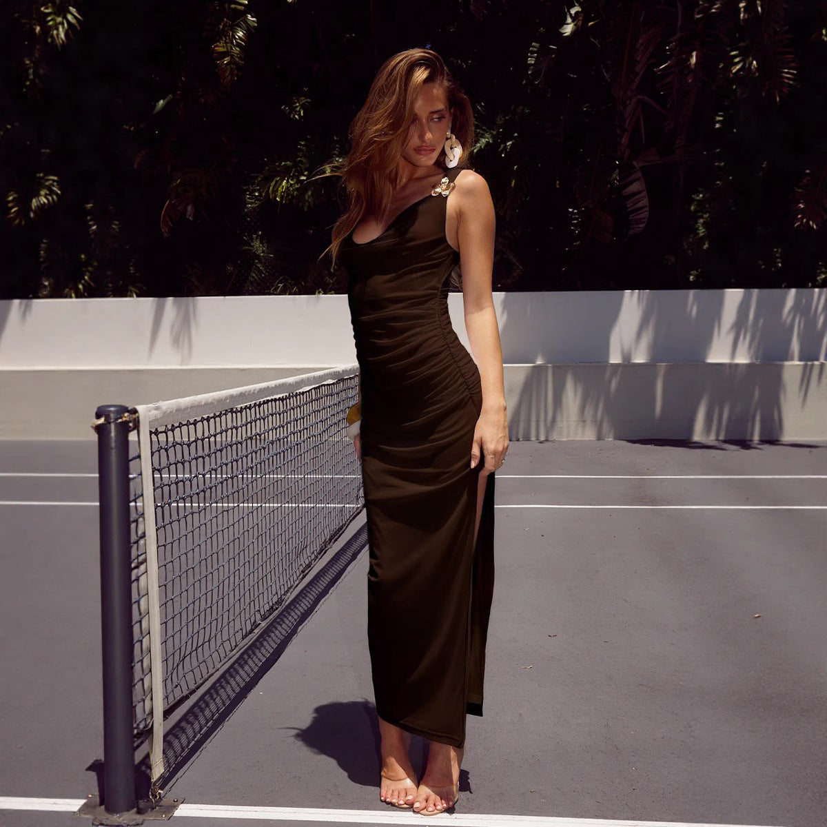 Fashionable All Match Sling Swing Collar Pleating Sheath High Waist Slit Sleeveless Maxi Dress by Ragazza