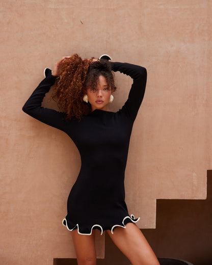 Wave Edge Dress Sexy Tight Wooden Ear Curling Knitted Dress Long Sleeve Ball Autumn Winter by Ragazza