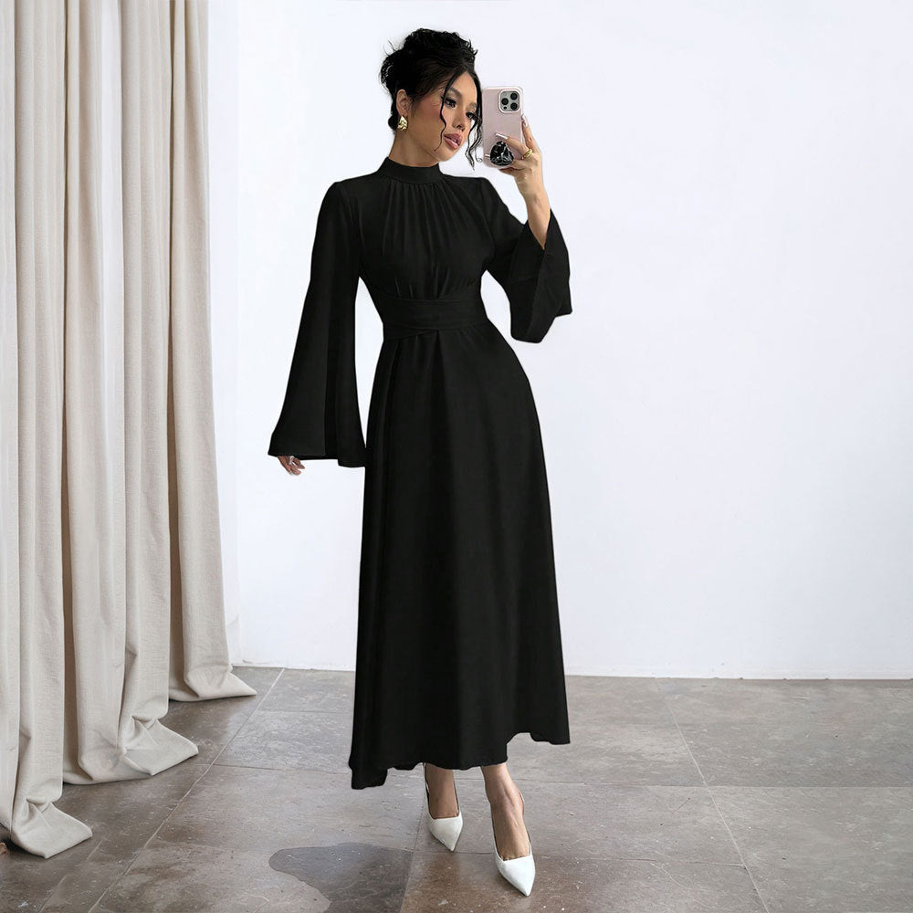Black Stand up Collar Waist Maxi Dress Women Autumn Winter Long Sleeve Retro Large Bell Sleeve Solid Color Dress by Ragazza