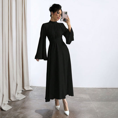 Black Stand up Collar Waist Maxi Dress Women Autumn Winter Long Sleeve Retro Large Bell Sleeve Solid Color Dress by Ragazza