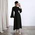 Black Stand up Collar Waist Maxi Dress Women Autumn Winter Long Sleeve Retro Large Bell Sleeve Solid Color Dress by Ragazza