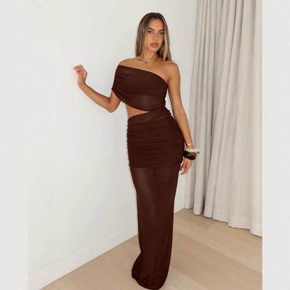Women Clothing Summer Sexy off Shoulder Gauze Hollow Out Cutout Slim Fit Pleated See through Dress by Ragazza