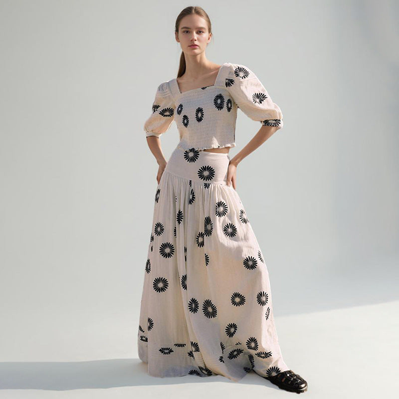 Korean Casual Summer Square Collar Puff Sleeve Peplum Top High Waist Print Skirt Set by Ragazza