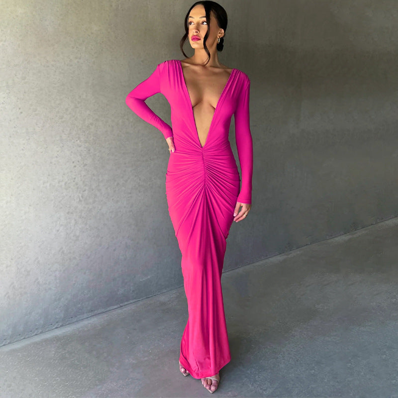 Women Clothing Summer Sexy V neck Slim Pleated Solid Color Long Sleeve Dress by Ragazza