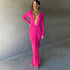 Women Clothing Summer Sexy V neck Slim Pleated Solid Color Long Sleeve Dress by Ragazza