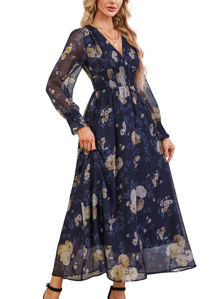 Autumn Women Casual Bohemian Printed Maxi Dress Deep V Plunge neck Long Sleeve Evening Dress by Ragazza
