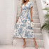 Elegant Retro Pastoral Landscape Printing V neck Waist Dress  DestGlow